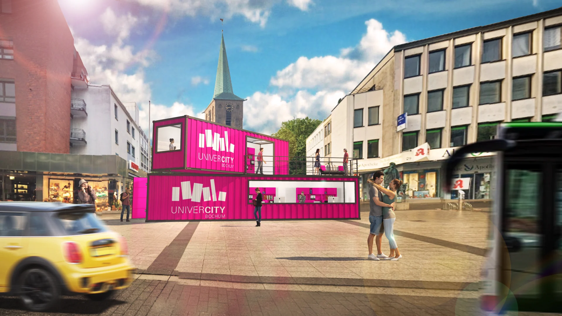 UniverCity-Cube in einer belebten Boulevard-Montage mit Fahrzeugen und Passanten