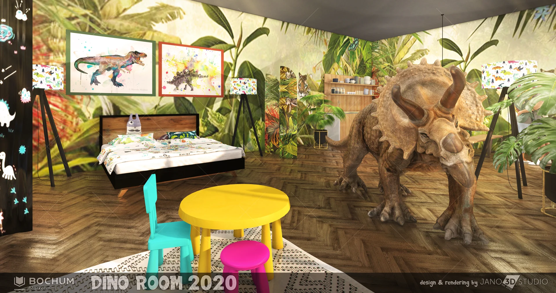 Originalrendering des Dino Room mit Triceratops