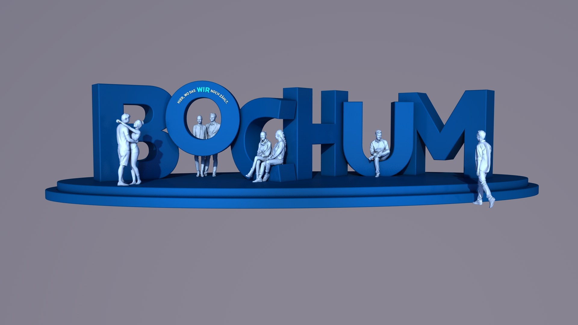 Originalrendering des Bochum-Schriftzugs mit Figuren als Größenvergleich, Vorderansicht