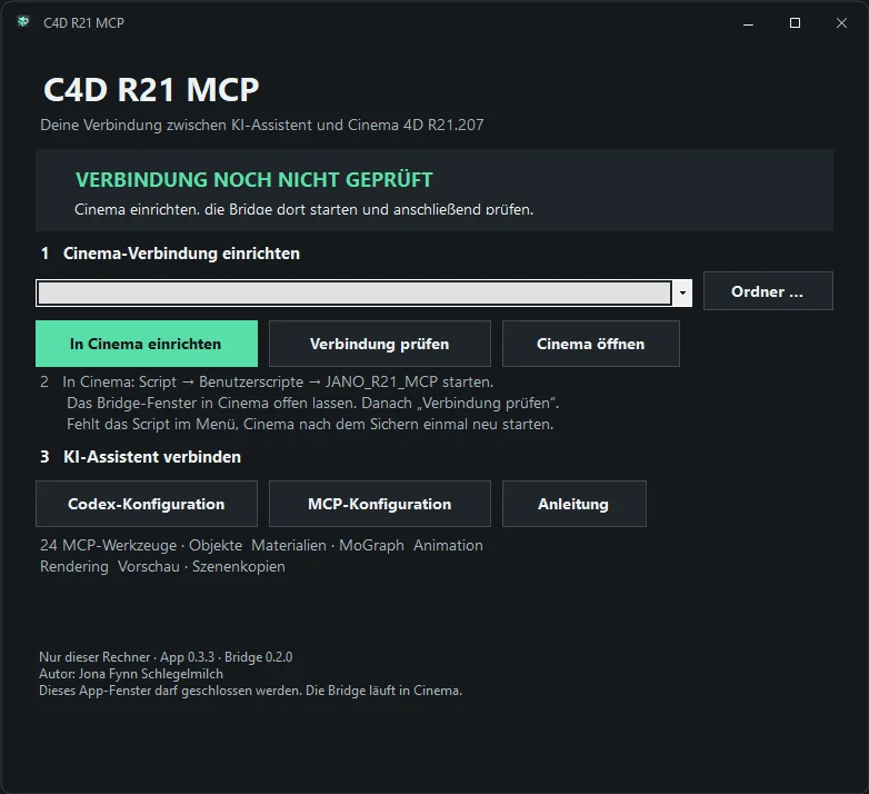 Cinema 4D R21 MCP – echte App-Aufnahme