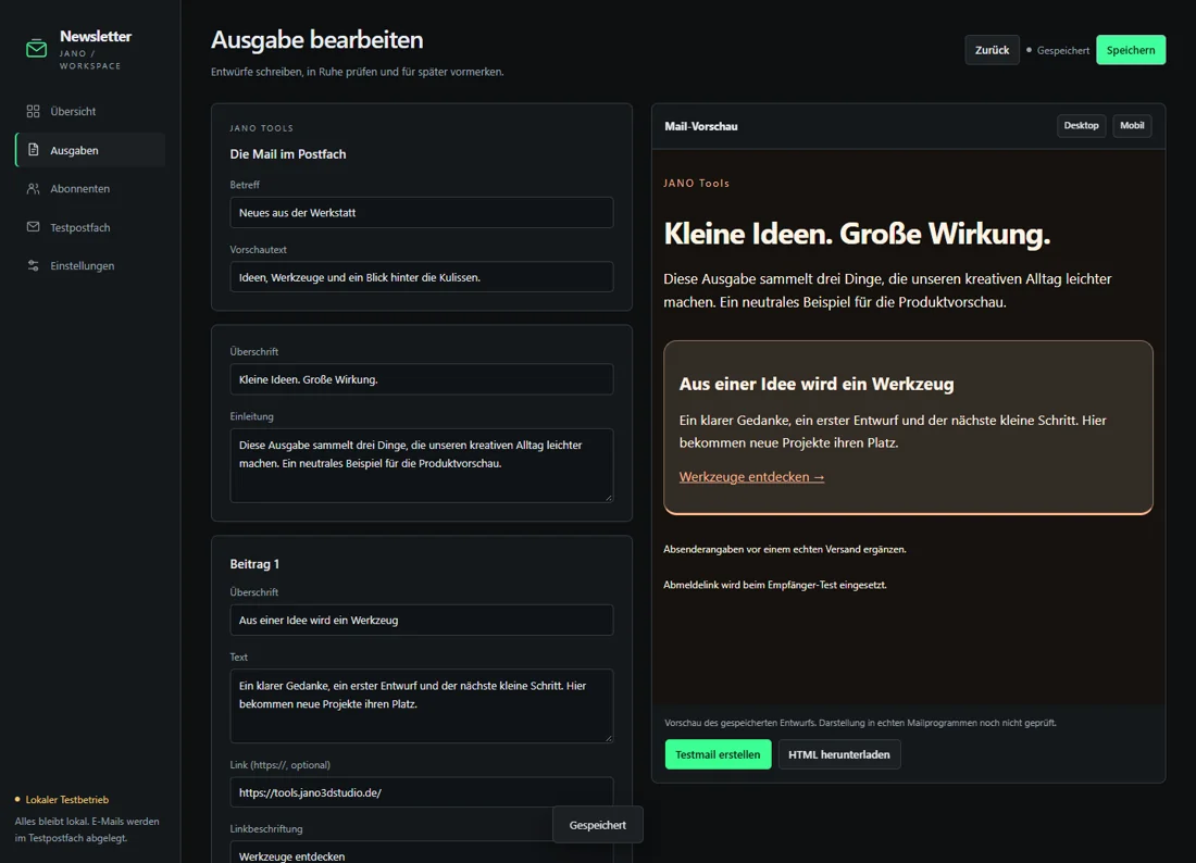 Newsletter-App, echte Oberfläche