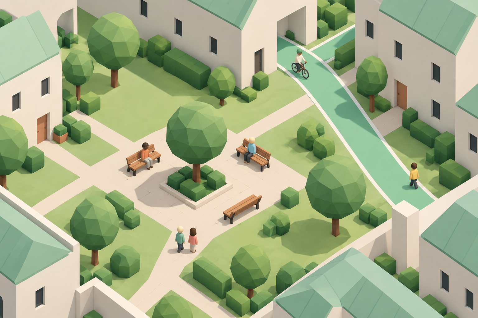 Stilisierter Low-Poly-Spielhof mit offenem Durchgang, Sitzplätzen und Spielfiguren