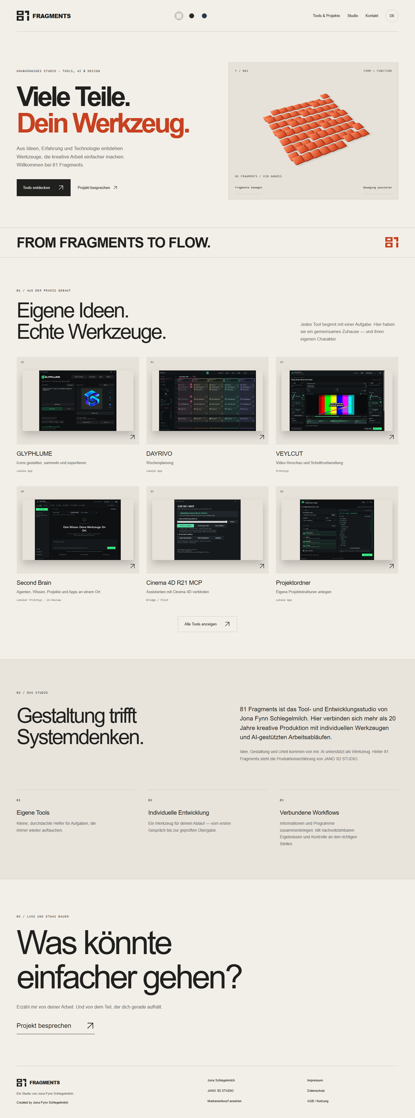 Dunkelviolette 81-Fragments-Website mit farbigen Kreisen und Tool-Karten.