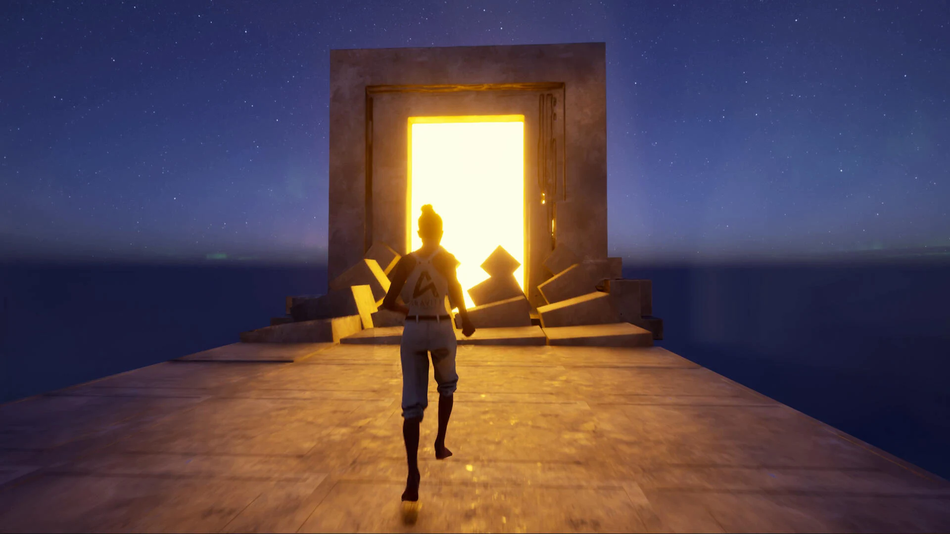 Aktuelle Spielszene aus THE GRAVITY COMPLEX: Figur vor einem hellen Portal.